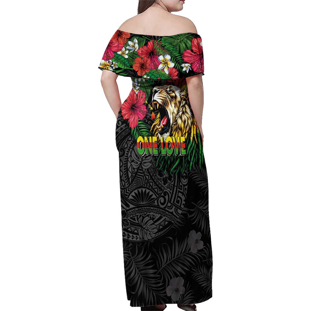 Hawaiian One Love Family Matching Off Shoulder Maxi Dress and Hawaiian Shirt Reggae Lion Tropical Plants and Kakau with Tribal Pattern LT03 - Polynesian Pride