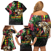 Hawaiian One Love Family Matching Off Shoulder Short Dress and Hawaiian Shirt Reggae Lion Tropical Plants and Kakau with Tribal Pattern LT03 - Polynesian Pride