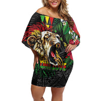 Hawaiian One Love Family Matching Off Shoulder Short Dress and Hawaiian Shirt Reggae Lion Tropical Plants and Kakau with Tribal Pattern LT03 Mom's Dress Black - Polynesian Pride