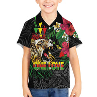 Hawaiian One Love Family Matching Off Shoulder Short Dress and Hawaiian Shirt Reggae Lion Tropical Plants and Kakau with Tribal Pattern LT03 Son's Shirt Black - Polynesian Pride