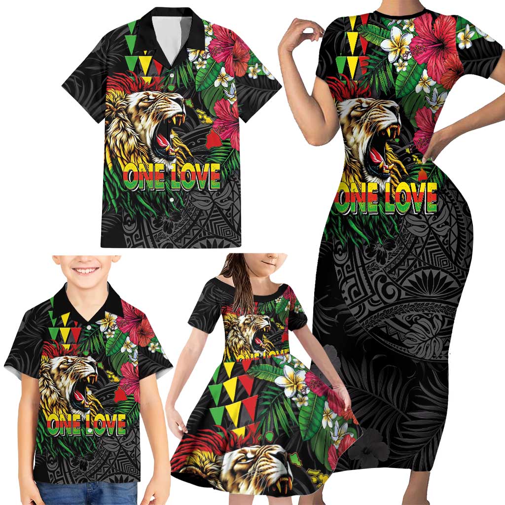 Hawaiian One Love Family Matching Short Sleeve Bodycon Dress and Hawaiian Shirt Reggae Lion Tropical Plants and Kakau with Tribal Pattern LT03 - Polynesian Pride