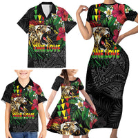 Hawaiian One Love Family Matching Short Sleeve Bodycon Dress and Hawaiian Shirt Reggae Lion Tropical Plants and Kakau with Tribal Pattern LT03 - Polynesian Pride