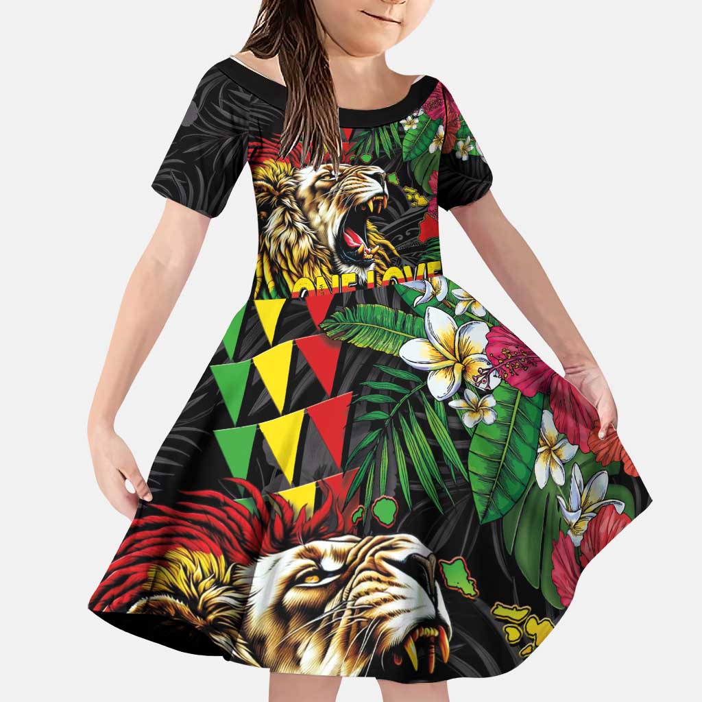 Hawaiian One Love Family Matching Summer Maxi Dress and Hawaiian Shirt Reggae Lion Tropical Plants and Kakau with Tribal Pattern LT03 Daughter's Dress Black - Polynesian Pride