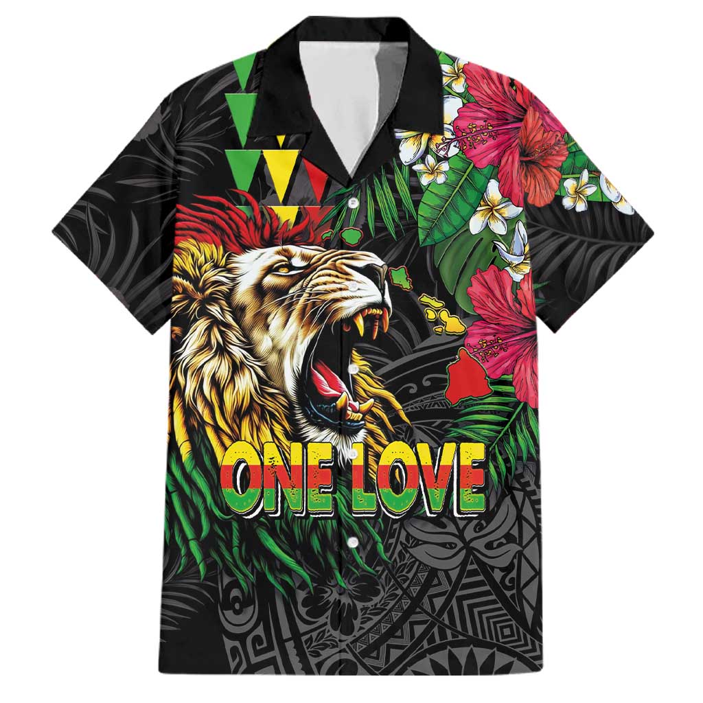 Hawaiian One Love Family Matching Summer Maxi Dress and Hawaiian Shirt Reggae Lion Tropical Plants and Kakau with Tribal Pattern LT03 Dad's Shirt - Short Sleeve Black - Polynesian Pride