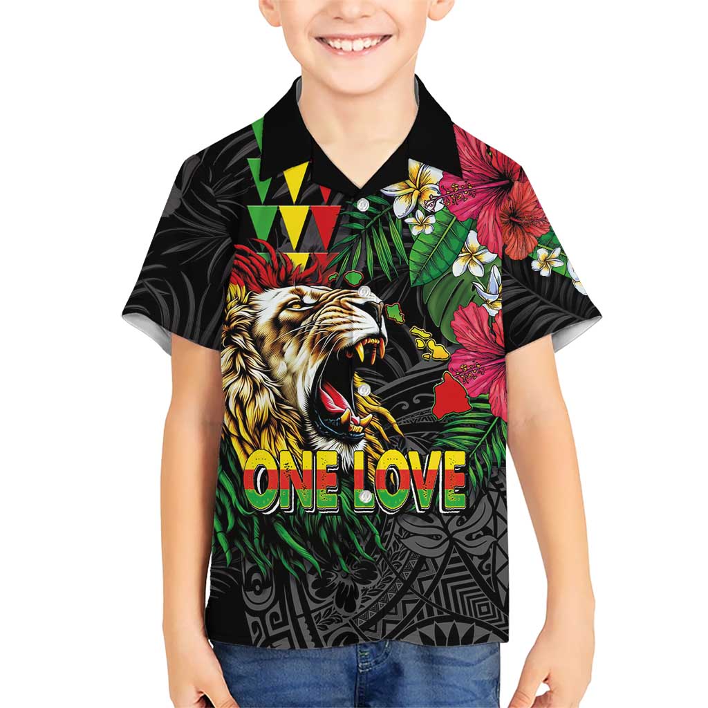 Hawaiian One Love Family Matching Summer Maxi Dress and Hawaiian Shirt Reggae Lion Tropical Plants and Kakau with Tribal Pattern LT03 Son's Shirt Black - Polynesian Pride