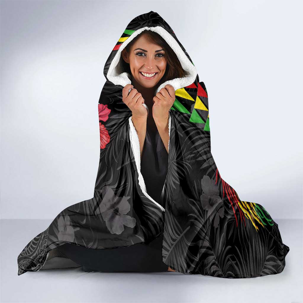Hawaiian One Love Hooded Blanket Reggae Lion Tropical Plants and Kakau with Tribal Pattern