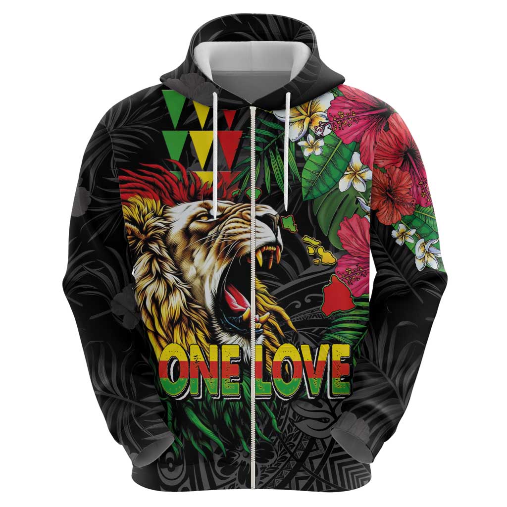 Hawaiian One Love Hoodie Reggae Lion Tropical Plants and Kakau with Tribal Pattern