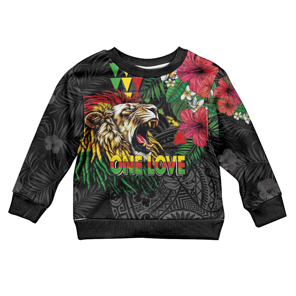 Hawaiian One Love Kid Ugly Christmas Sweater Reggae Lion Tropical Plants and Kakau with Tribal Pattern