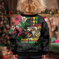 Hawaiian One Love Kid Ugly Christmas Sweater Reggae Lion Tropical Plants and Kakau with Tribal Pattern