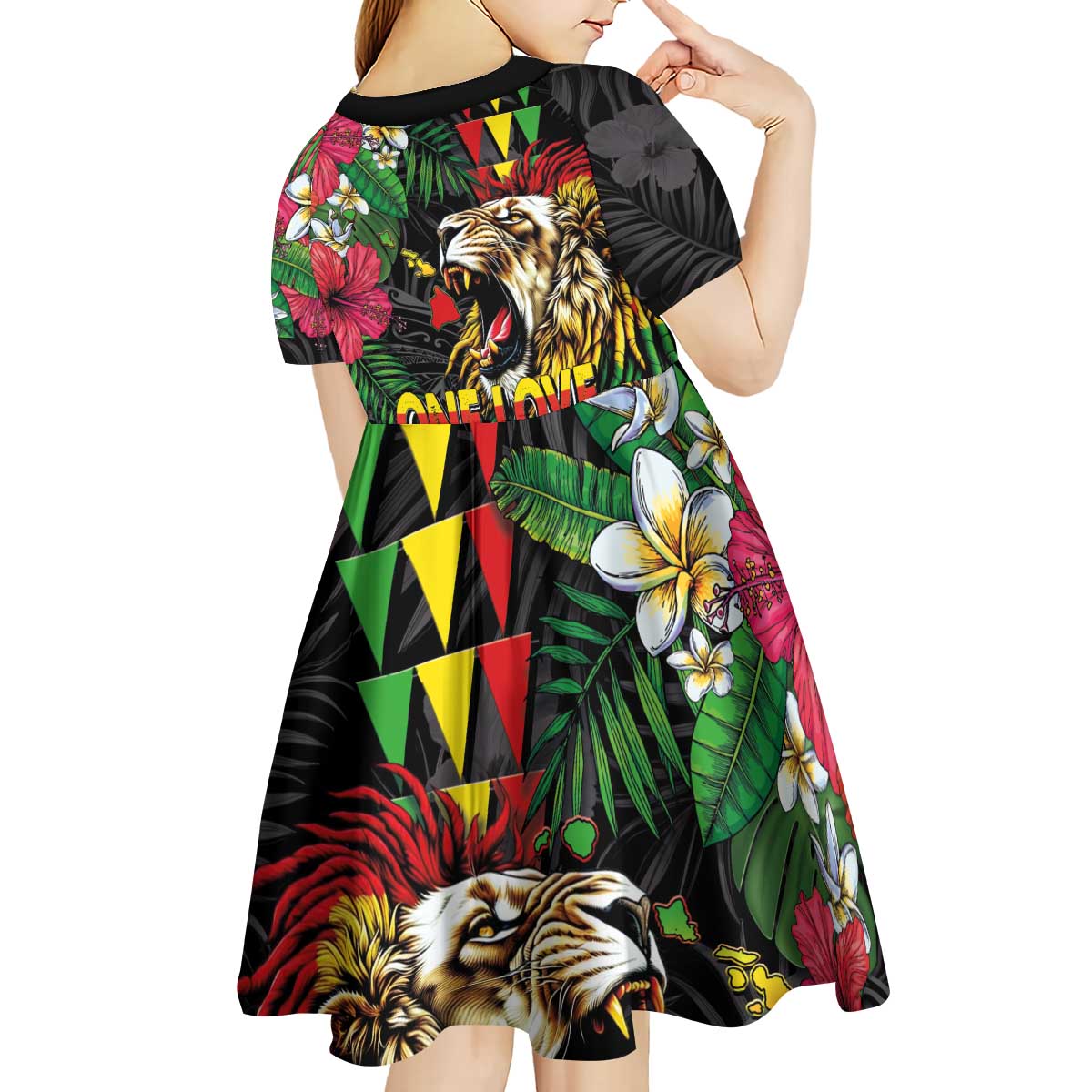Hawaiian One Love Kid Short Sleeve Dress Reggae Lion Tropical Plants and Kakau with Tribal Pattern