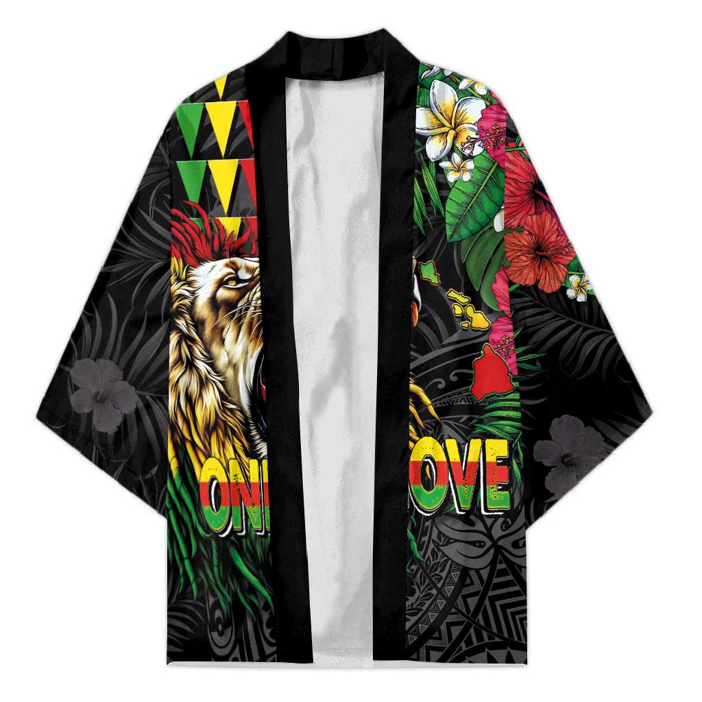 Hawaiian One Love Kimono Reggae Lion Tropical Plants and Kakau with Tribal Pattern