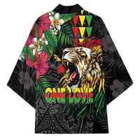 Hawaiian One Love Kimono Reggae Lion Tropical Plants and Kakau with Tribal Pattern