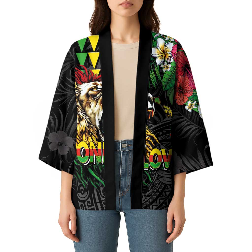 Hawaiian One Love Kimono Reggae Lion Tropical Plants and Kakau with Tribal Pattern