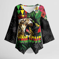 Hawaiian One Love Kimono Sleeve Blouse Reggae Lion Tropical Plants and Kakau with Tribal Pattern