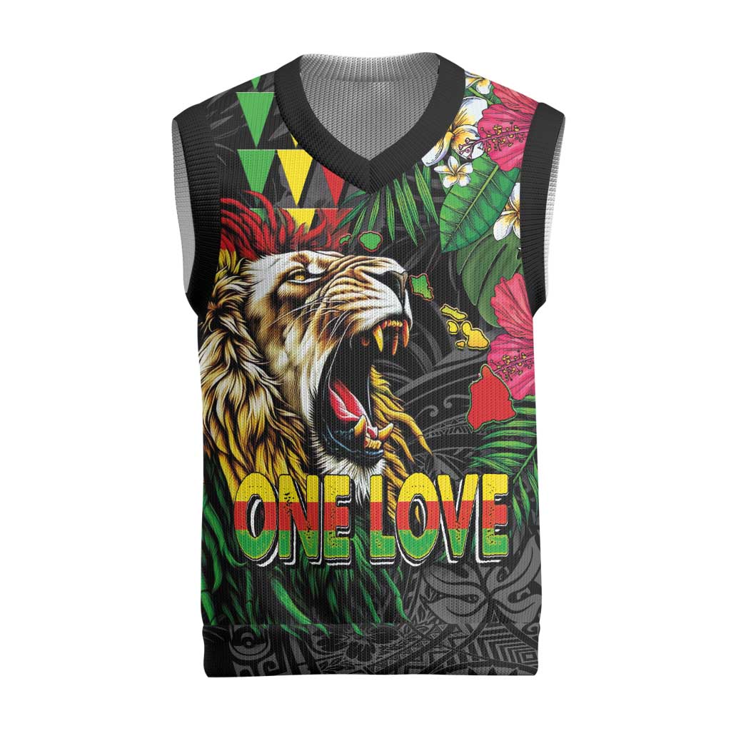 Hawaiian One Love Christmas Knitted V-Neck Vest Reggae Lion Tropical Plants and Kakau with Tribal Pattern