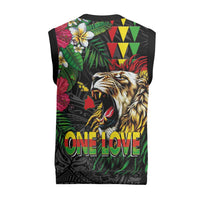 Hawaiian One Love Christmas Knitted V-Neck Vest Reggae Lion Tropical Plants and Kakau with Tribal Pattern