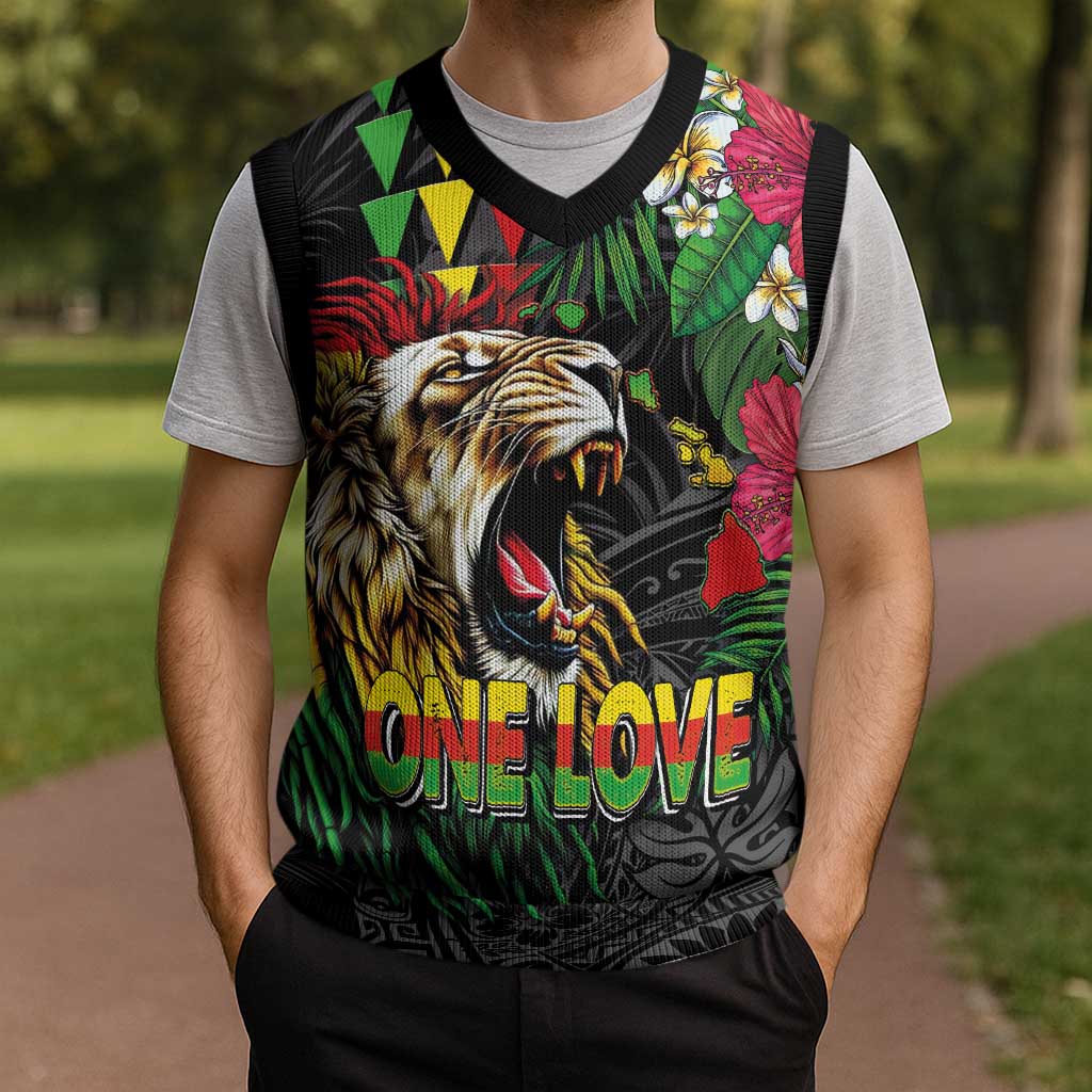 Hawaiian One Love Christmas Knitted V-Neck Vest Reggae Lion Tropical Plants and Kakau with Tribal Pattern