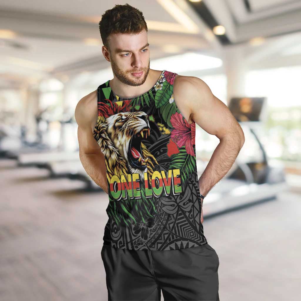 Hawaiian One Love Men Tank Top Reggae Lion Tropical Plants and Kakau with Tribal Pattern