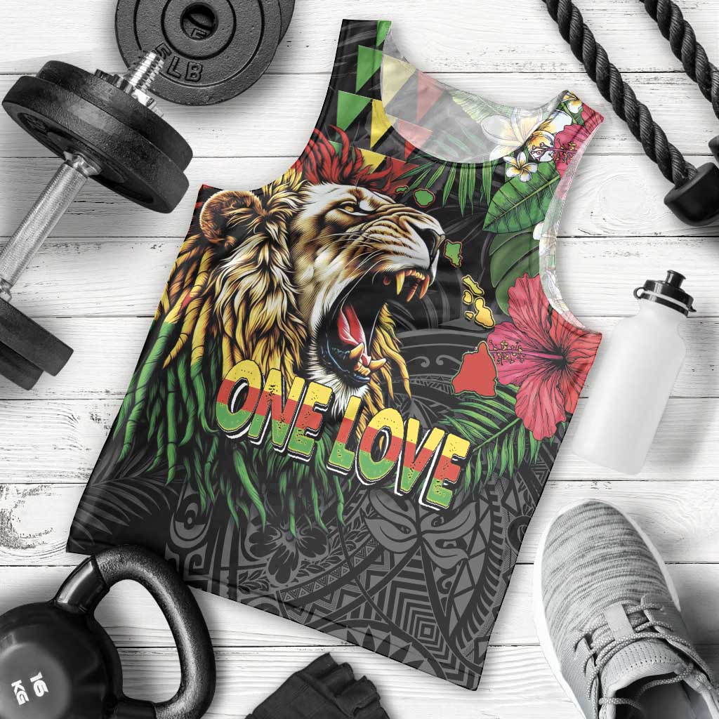 Hawaiian One Love Men Tank Top Reggae Lion Tropical Plants and Kakau with Tribal Pattern