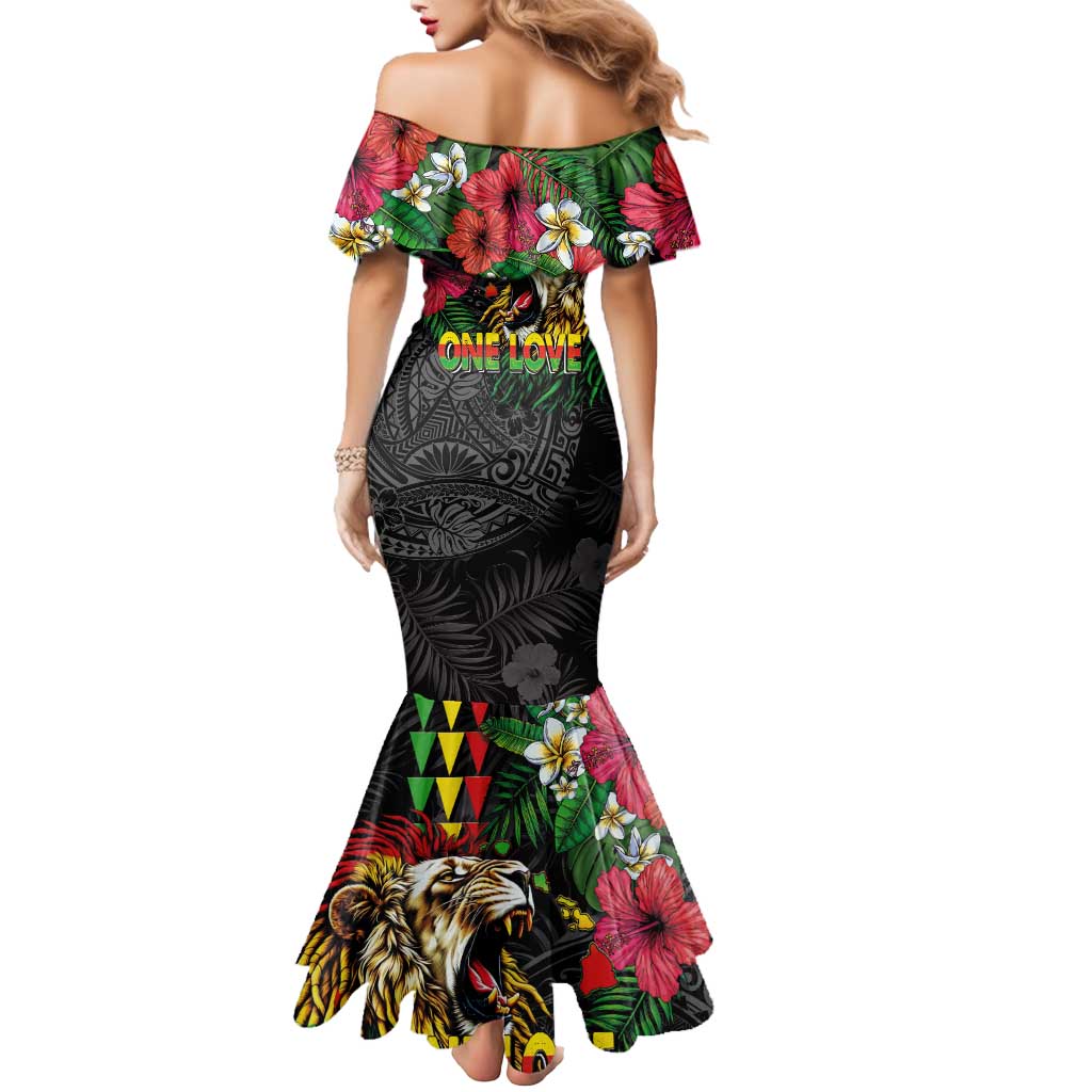 Hawaiian One Love Mermaid Dress Reggae Lion Tropical Plants and Kakau with Tribal Pattern