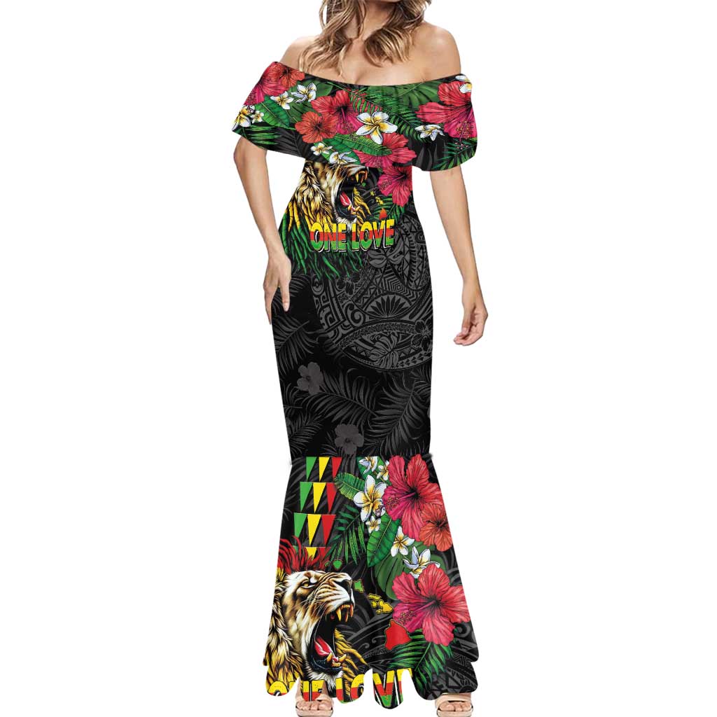 Hawaiian One Love Mermaid Dress Reggae Lion Tropical Plants and Kakau with Tribal Pattern
