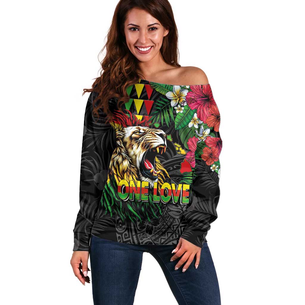 Hawaiian One Love Off Shoulder Sweater Reggae Lion Tropical Plants and Kakau with Tribal Pattern