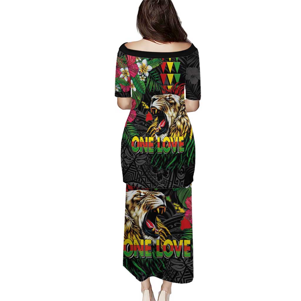 Hawaiian One Love Puletasi Reggae Lion Tropical Plants and Kakau with Tribal Pattern