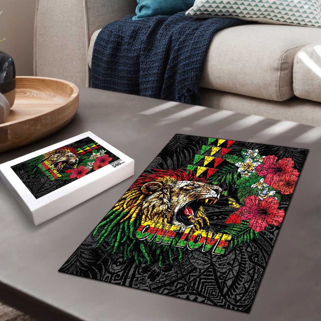 Hawaiian One Love Puzzle Reggae Lion Tropical Plants and Kakau with Tribal Pattern