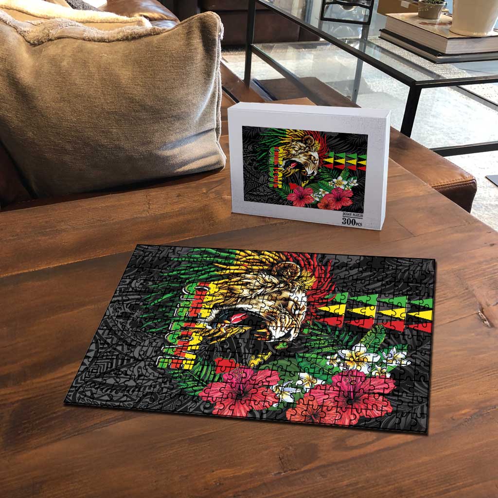 Hawaiian One Love Puzzle Reggae Lion Tropical Plants and Kakau with Tribal Pattern