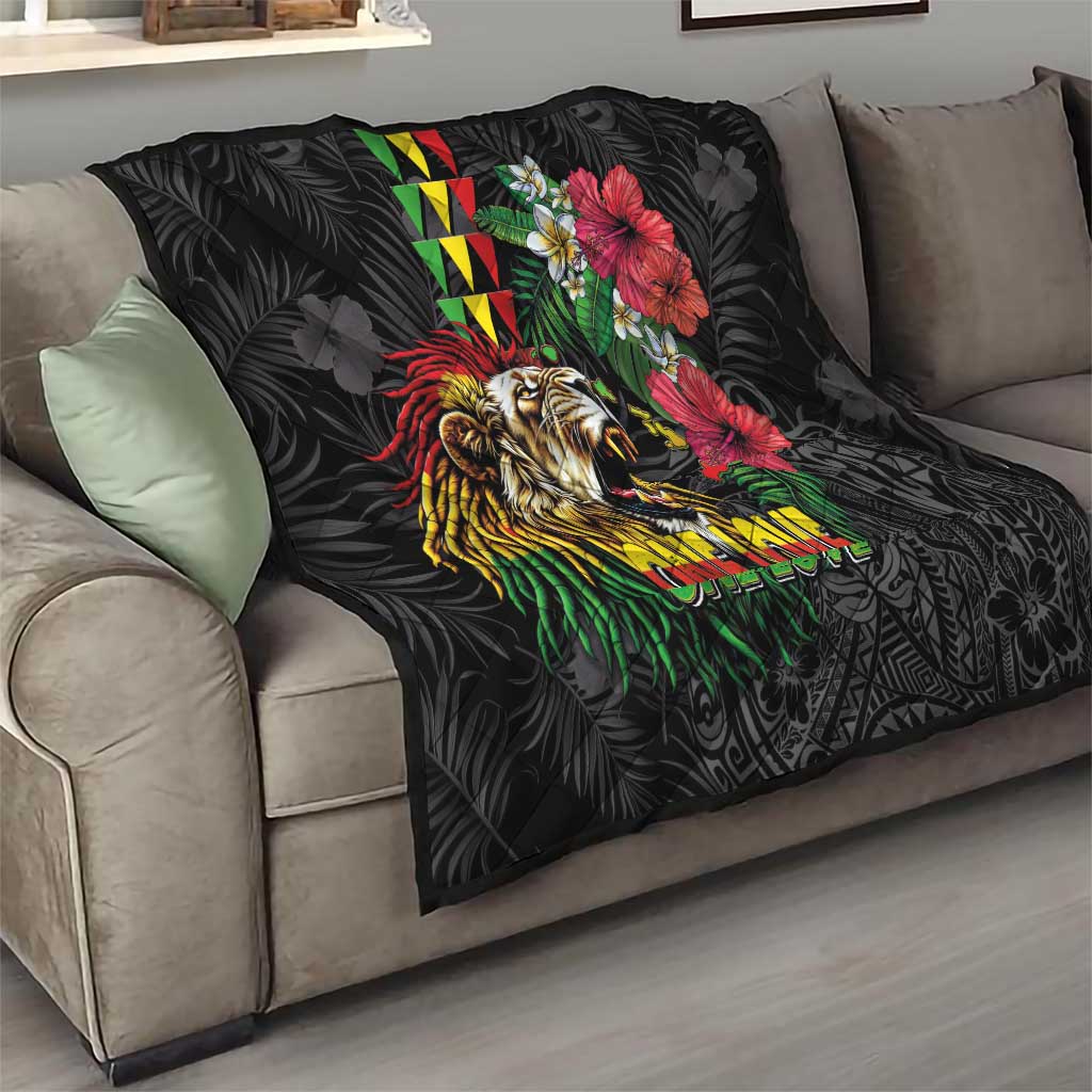 Hawaiian One Love Quilt Reggae Lion Tropical Plants and Kakau with Tribal Pattern