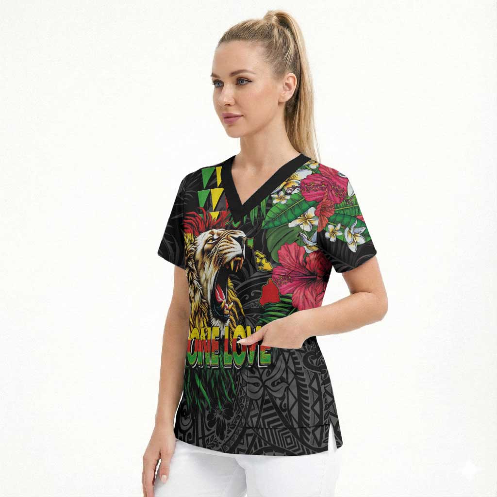 Hawaiian One Love Scrub Top Reggae Lion Tropical Plants and Kakau with Tribal Pattern