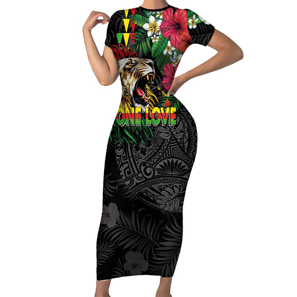 Hawaiian One Love Short Sleeve Bodycon Dress Reggae Lion Tropical Plants and Kakau with Tribal Pattern