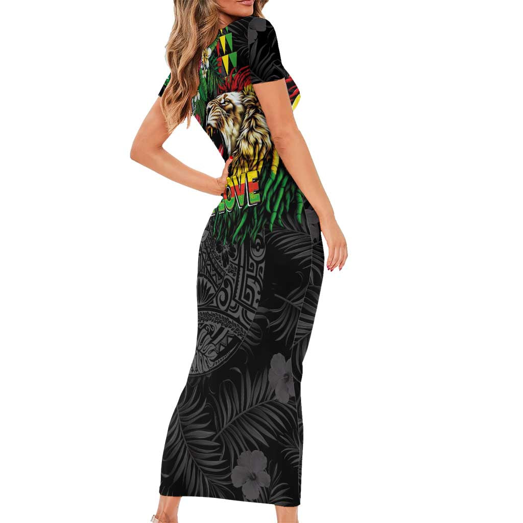 Hawaiian One Love Short Sleeve Bodycon Dress Reggae Lion Tropical Plants and Kakau with Tribal Pattern