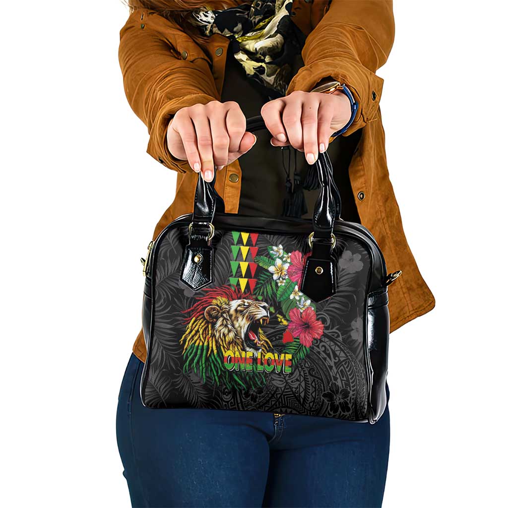 Hawaiian One Love Shoulder Handbag Reggae Lion Tropical Plants and Kakau with Tribal Pattern
