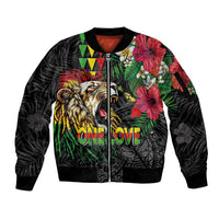 Hawaiian One Love Sleeve Zip Bomber Jacket Reggae Lion Tropical Plants and Kakau with Tribal Pattern