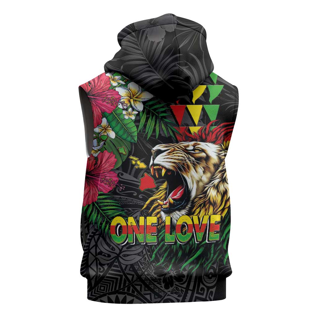 Hawaiian One Love Sleeveless Hoodie Reggae Lion Tropical Plants and Kakau with Tribal Pattern