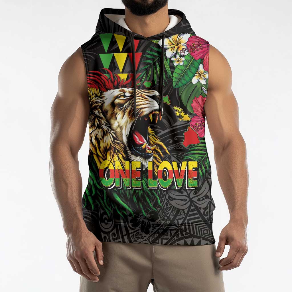 Hawaiian One Love Sleeveless Hoodie Reggae Lion Tropical Plants and Kakau with Tribal Pattern