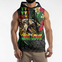 Hawaiian One Love Sleeveless Hoodie Reggae Lion Tropical Plants and Kakau with Tribal Pattern