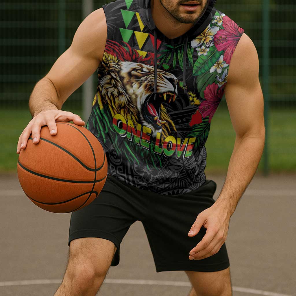 Hawaiian One Love Sleeveless Hoodie Reggae Lion Tropical Plants and Kakau with Tribal Pattern