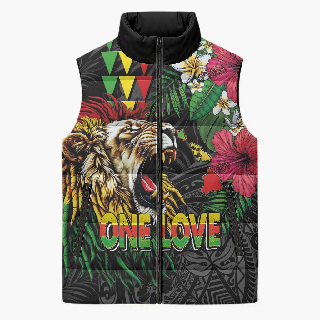 Hawaiian One Love Sleeveless Puffer Jacket Reggae Lion Tropical Plants and Kakau with Tribal Pattern