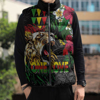 Hawaiian One Love Sleeveless Puffer Jacket Reggae Lion Tropical Plants and Kakau with Tribal Pattern