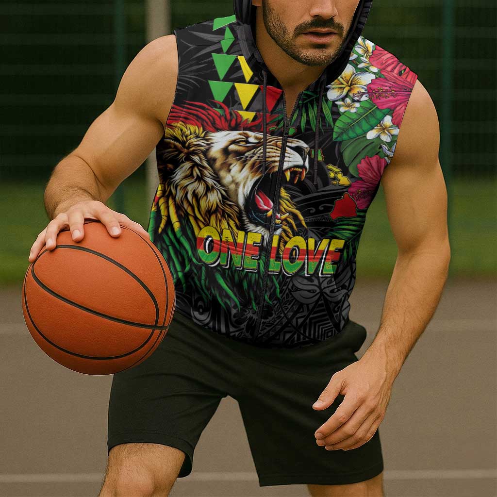 Hawaiian One Love Sleeveless Zip Hoodie Reggae Lion Tropical Plants and Kakau with Tribal Pattern