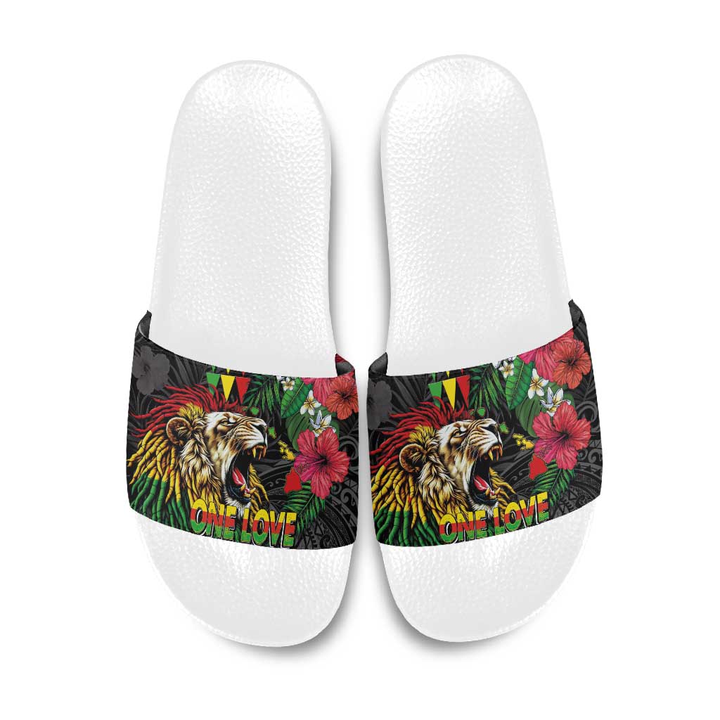 Hawaiian One Love Slide Sandals Reggae Lion Tropical Plants and Kakau with Tribal Pattern