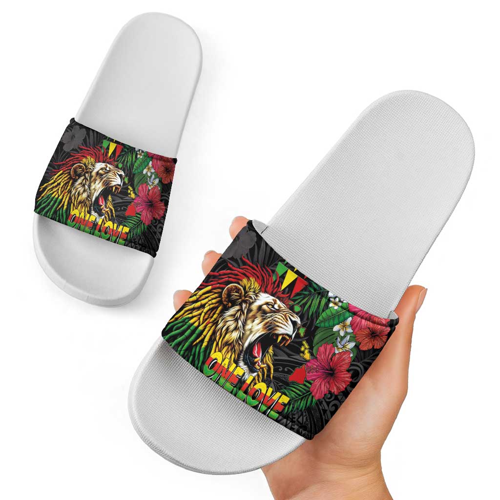 Hawaiian One Love Slide Sandals Reggae Lion Tropical Plants and Kakau with Tribal Pattern