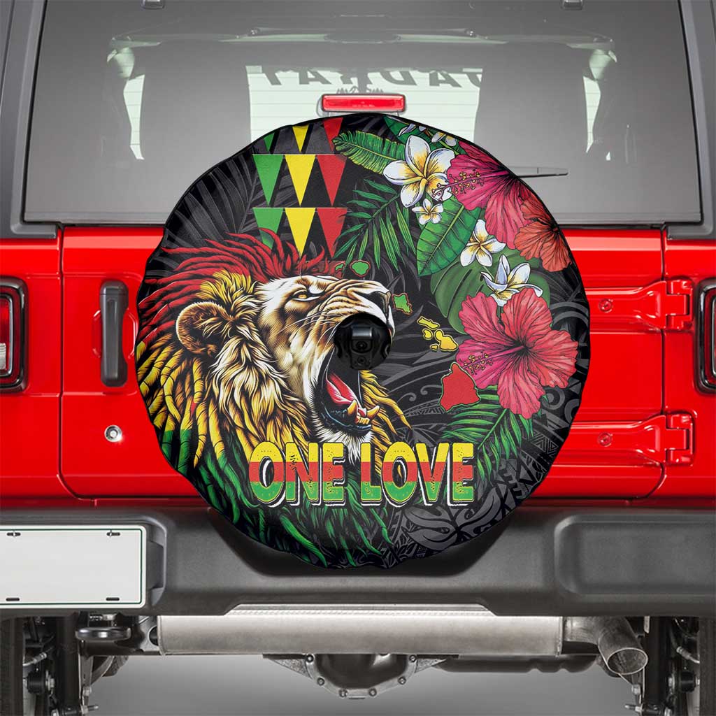 Hawaiian One Love Spare Tire Cover Reggae Lion Tropical Plants and Kakau with Tribal Pattern