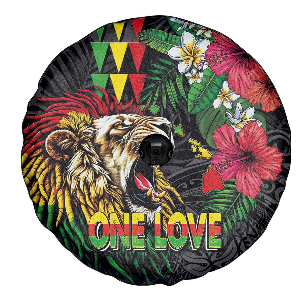 Hawaiian One Love Spare Tire Cover Reggae Lion Tropical Plants and Kakau with Tribal Pattern