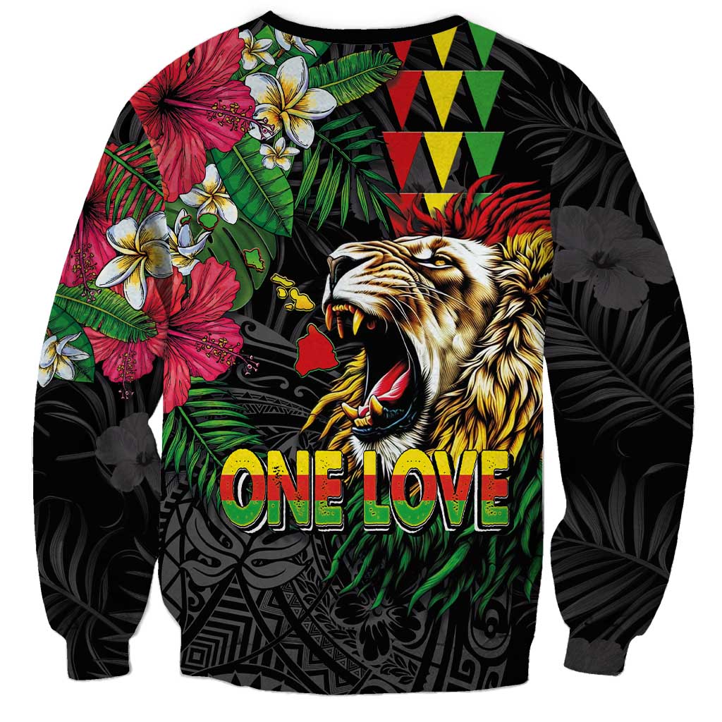 Hawaiian One Love Sweatshirt Reggae Lion Tropical Plants and Kakau with Tribal Pattern