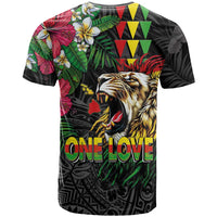 Hawaiian One Love T Shirt Reggae Lion Tropical Plants and Kakau with Tribal Pattern