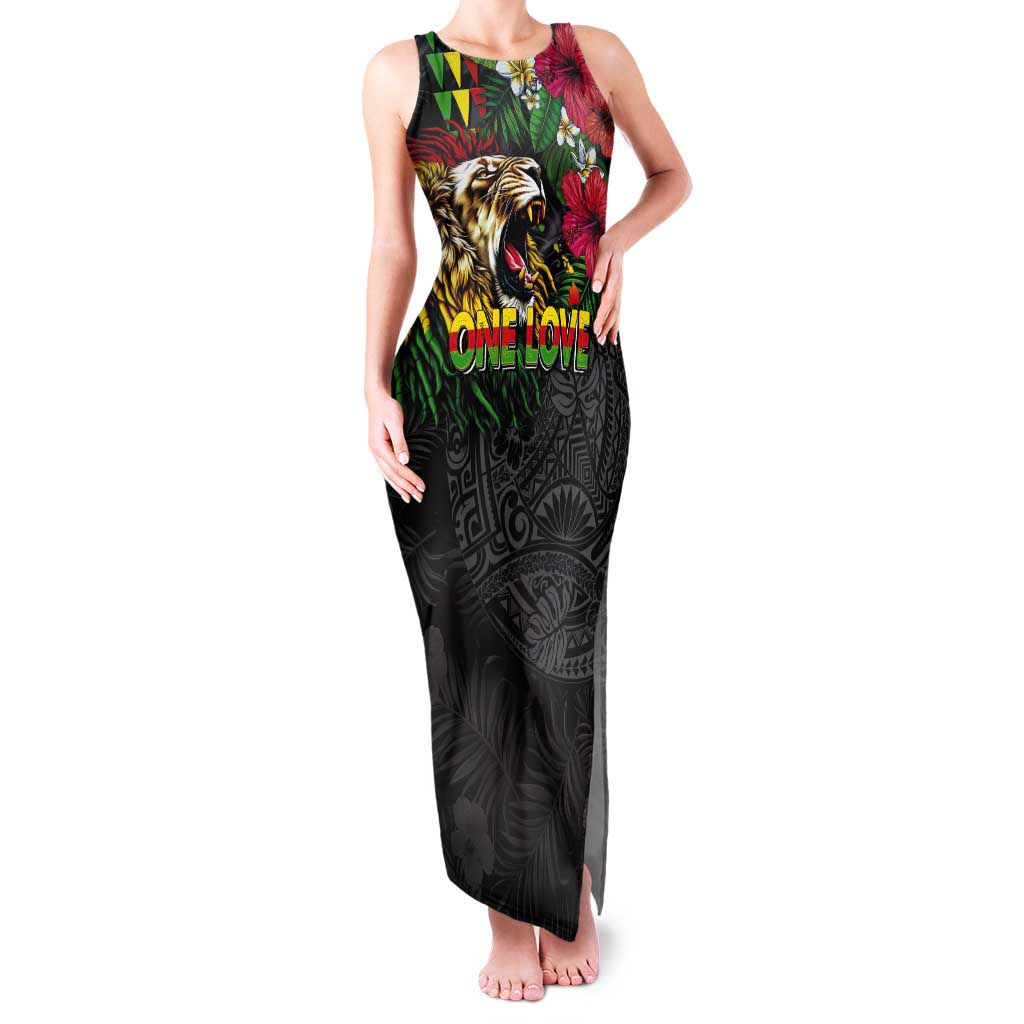 Hawaiian One Love Tank Maxi Dress Reggae Lion Tropical Plants and Kakau with Tribal Pattern