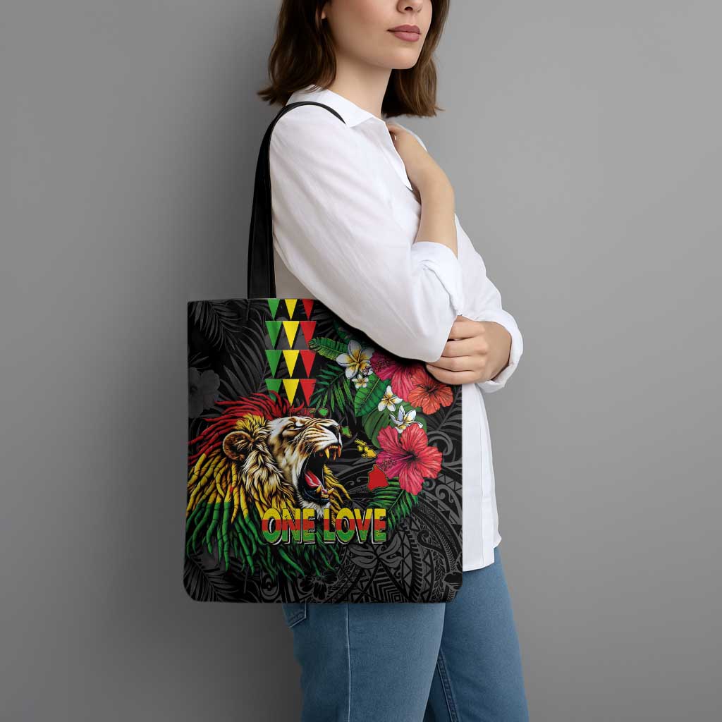 Hawaiian One Love Tote Bag Reggae Lion Tropical Plants and Kakau with Tribal Pattern